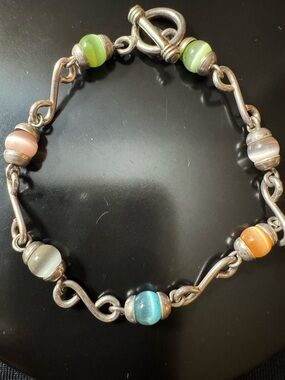 Sterling Silver Cats Eye Glass Bracelet 7.5” Artisan Beaded Toggle Multi Pastels